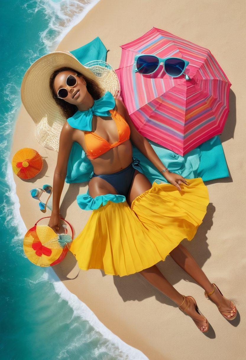 A stunning beach scene featuring diverse models showcasing trendy two-piece beachwear for summer 2023. Bright sun, golden sand, and turquoise waves create a vibrant backdrop, with colorful beach umbrellas and stylish accessories like sunglasses and hats. Capture the essence of summer fun and relaxation, with playful interactions and joyful expressions. super-realistic. vibrant colors. beach vibes.